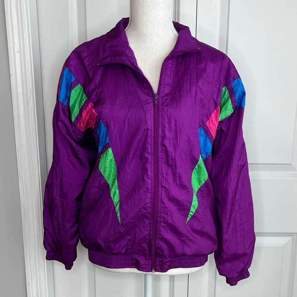 Vintage 80s Petite Purple Nylon Track Jacket Pink Blue Green PM Lavon Petites